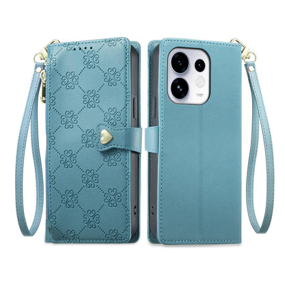For OPPO Reno16 5G / Reno16 Pro 5G Global Zipper Wallet Heart Buckle Vegan Leather Phone Case with Wrist Strap(Lake Blue)