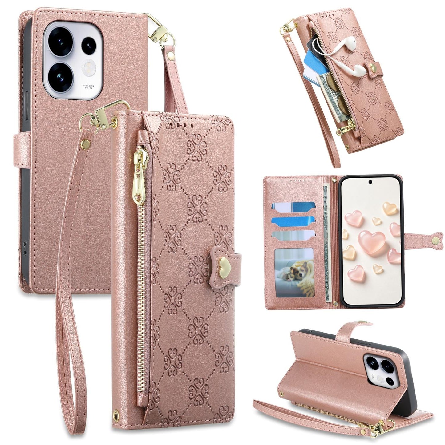 For OPPO Reno16 5G / Reno16 Pro 5G Global Zipper Wallet Heart Buckle Vegan Leather Phone Case with Wrist Strap(Pink)