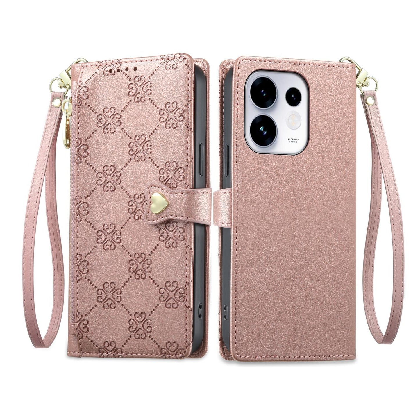 For OPPO Reno16 5G / Reno16 Pro 5G Global Zipper Wallet Heart Buckle Vegan Leather Phone Case with Wrist Strap(Pink)