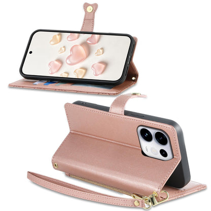 For OPPO Reno16 5G / Reno16 Pro 5G Global Zipper Wallet Heart Buckle Vegan Leather Phone Case with Wrist Strap(Pink)
