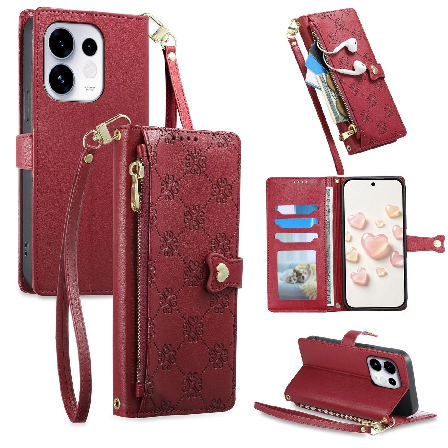 For OPPO Reno16 5G / Reno16 Pro 5G Global Zipper Wallet Heart Buckle Vegan Leather Phone Case with Wrist Strap(Red)