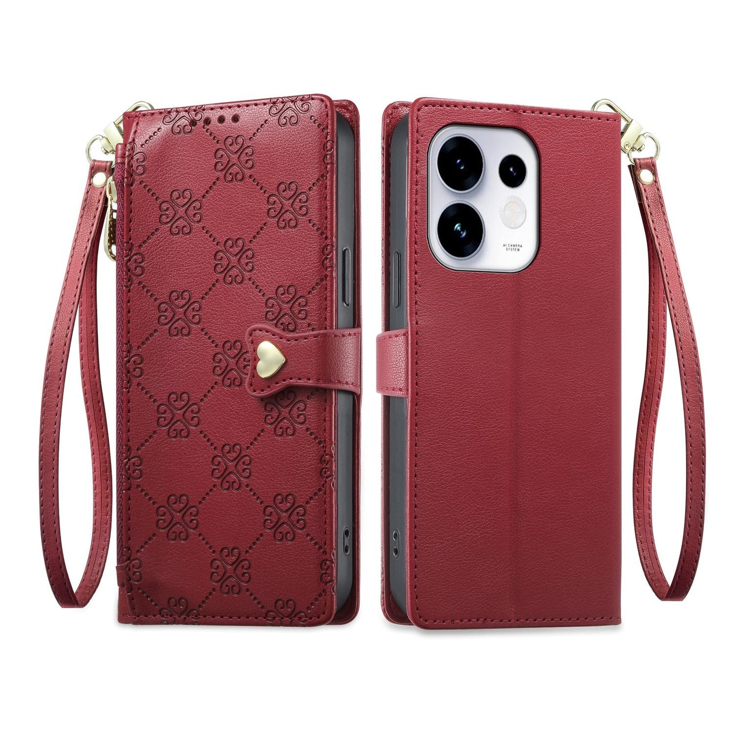 For OPPO Reno16 5G / Reno16 Pro 5G Global Zipper Wallet Heart Buckle Vegan Leather Phone Case with Wrist Strap(Red)