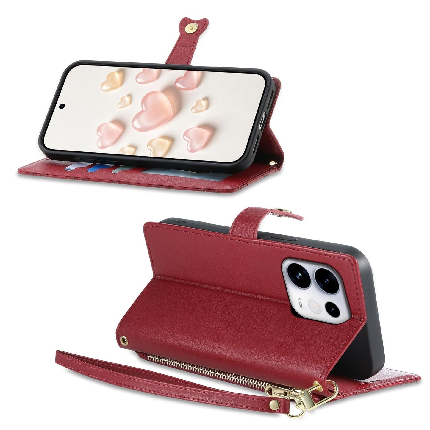For OPPO Reno16 5G / Reno16 Pro 5G Global Zipper Wallet Heart Buckle Vegan Leather Phone Case with Wrist Strap(Red)