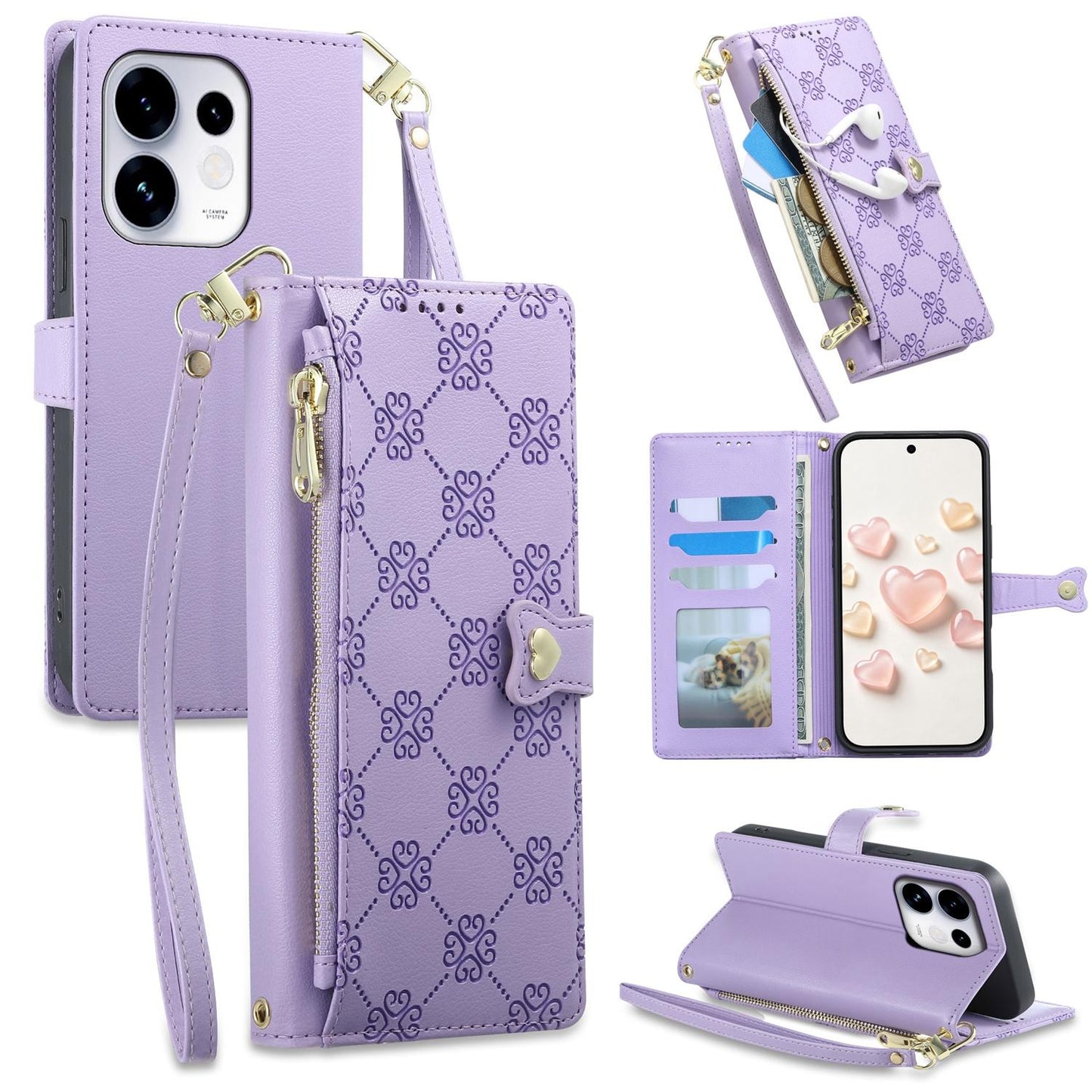 For OPPO Reno16 5G / Reno16 Pro 5G Global Zipper Wallet Heart Buckle Vegan Leather Phone Case with Wrist Strap(Purple)