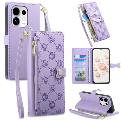 For OPPO Reno16 5G / Reno16 Pro 5G Global Zipper Wallet Heart Buckle Vegan Leather Phone Case with Wrist Strap(Purple)