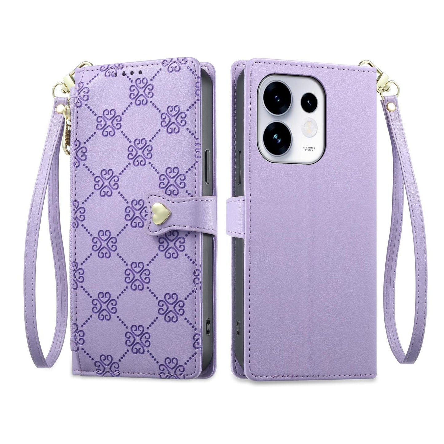 For OPPO Reno16 5G / Reno16 Pro 5G Global Zipper Wallet Heart Buckle Vegan Leather Phone Case with Wrist Strap(Purple)