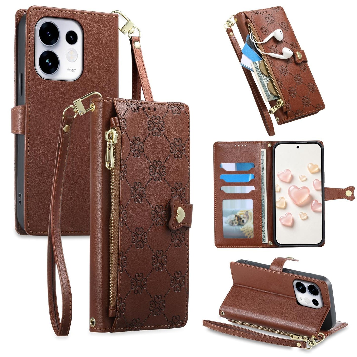 For OPPO Reno16 5G / Reno16 Pro 5G Global Zipper Wallet Heart Buckle Vegan Leather Phone Case with Wrist Strap(Brown)