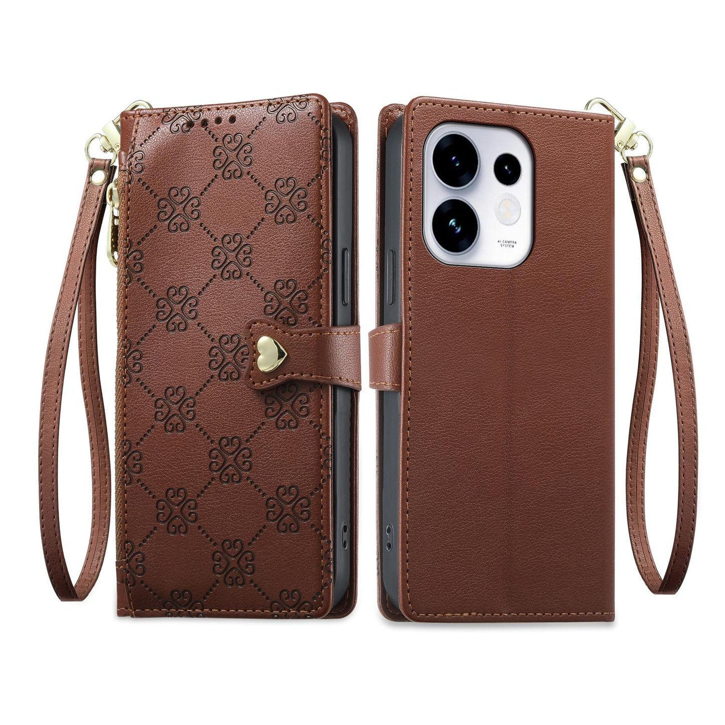 For OPPO Reno16 5G / Reno16 Pro 5G Global Zipper Wallet Heart Buckle Vegan Leather Phone Case with Wrist Strap(Brown)