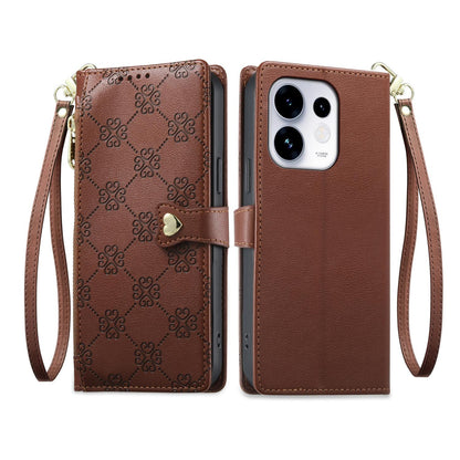 For OPPO Reno16 5G / Reno16 Pro 5G Global Zipper Wallet Heart Buckle Vegan Leather Phone Case with Wrist Strap(Brown)