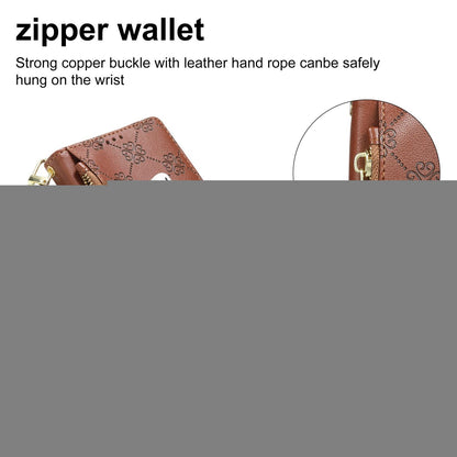 For OPPO Reno16 5G / Reno16 Pro 5G Global Zipper Wallet Heart Buckle Vegan Leather Phone Case with Wrist Strap(Brown)