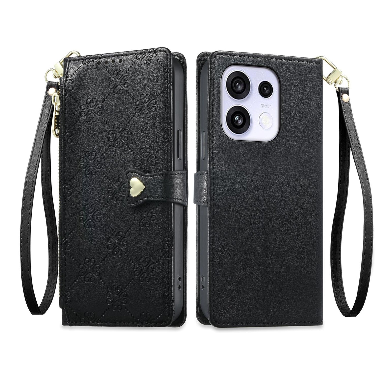 For OPPO Reno16 F 5G / Reno16 FS 5G Zipper Wallet Heart Buckle Vegan Leather Phone Case with Wrist Strap(Black)