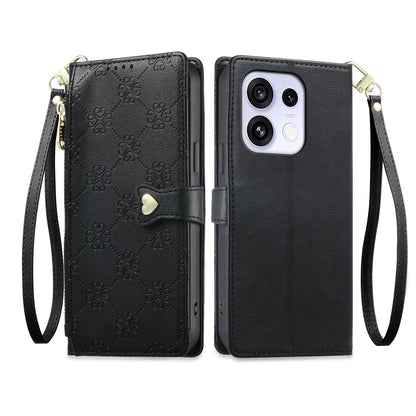 For OPPO Reno16 F 5G / Reno16 FS 5G Zipper Wallet Heart Buckle Vegan Leather Phone Case with Wrist Strap(Black)