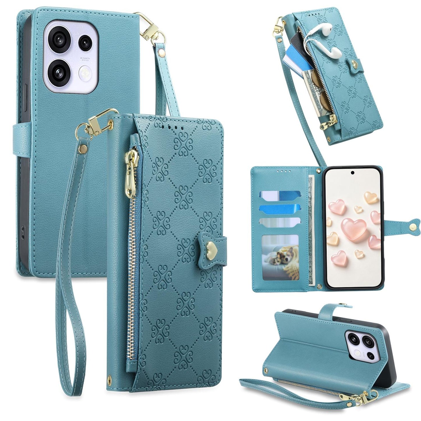 For OPPO Reno16 F 5G / Reno16 FS 5G Zipper Wallet Heart Buckle Vegan Leather Phone Case with Wrist Strap(Lake Blue)