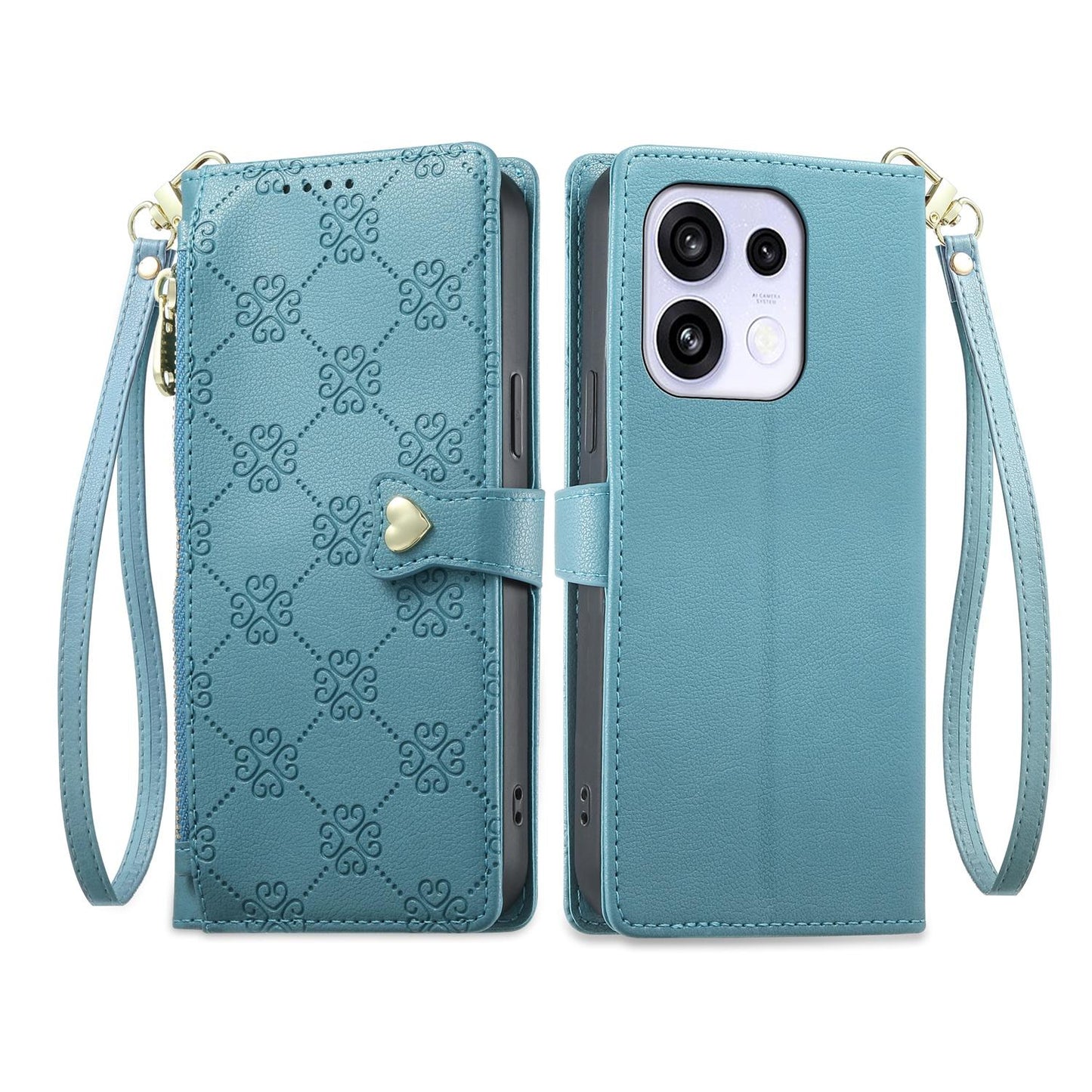 For OPPO Reno16 F 5G / Reno16 FS 5G Zipper Wallet Heart Buckle Vegan Leather Phone Case with Wrist Strap(Lake Blue)
