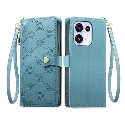 For OPPO Reno16 F 5G / Reno16 FS 5G Zipper Wallet Heart Buckle Vegan Leather Phone Case with Wrist Strap(Lake Blue)