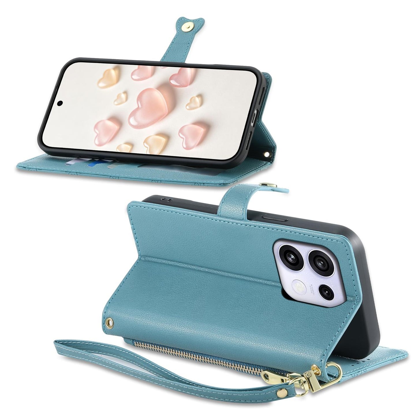 For OPPO Reno16 F 5G / Reno16 FS 5G Zipper Wallet Heart Buckle Vegan Leather Phone Case with Wrist Strap(Lake Blue)