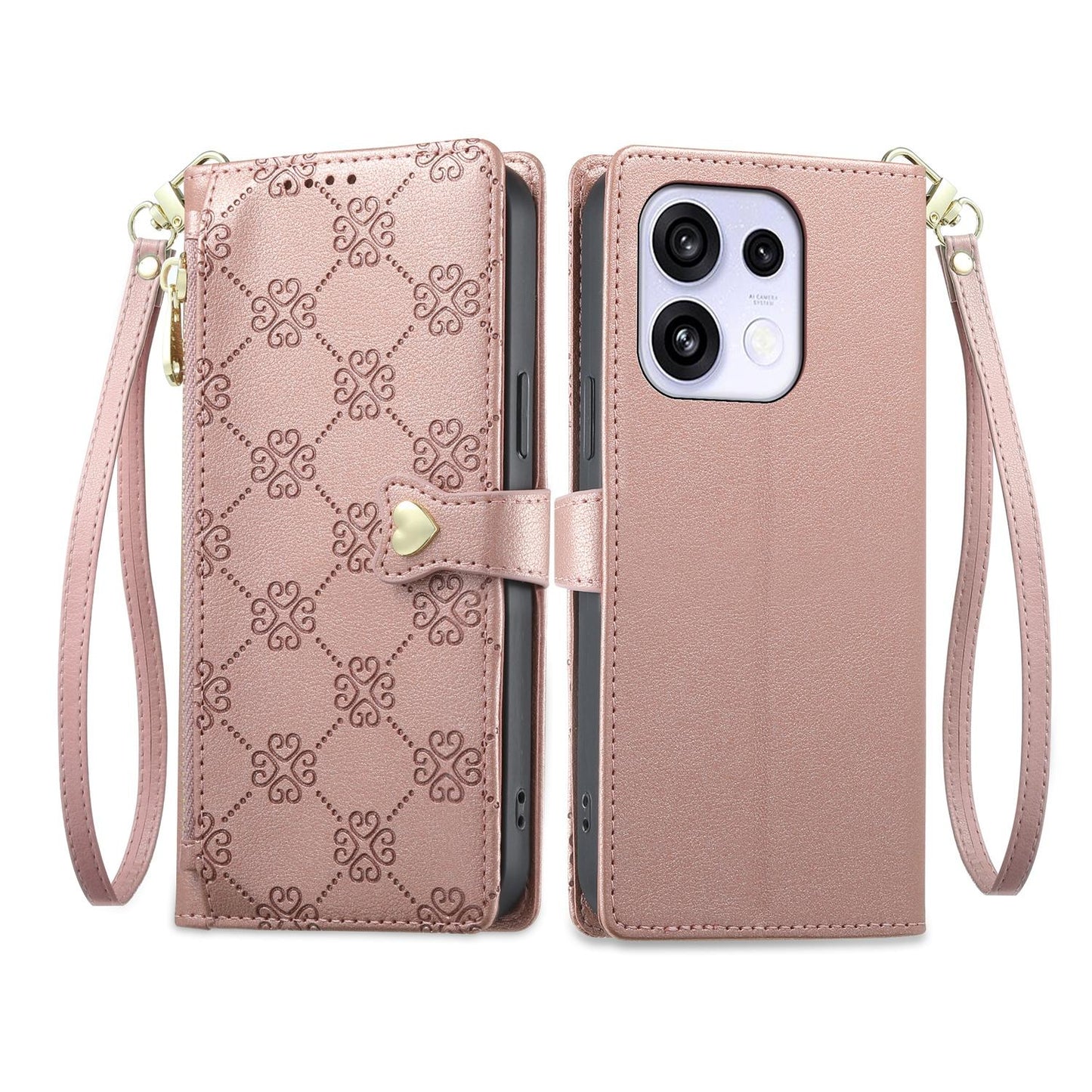 For OPPO Reno16 F 5G / Reno16 FS 5G Zipper Wallet Heart Buckle Vegan Leather Phone Case with Wrist Strap(Pink)