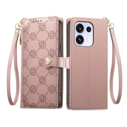 For OPPO Reno16 F 5G / Reno16 FS 5G Zipper Wallet Heart Buckle Vegan Leather Phone Case with Wrist Strap(Pink)