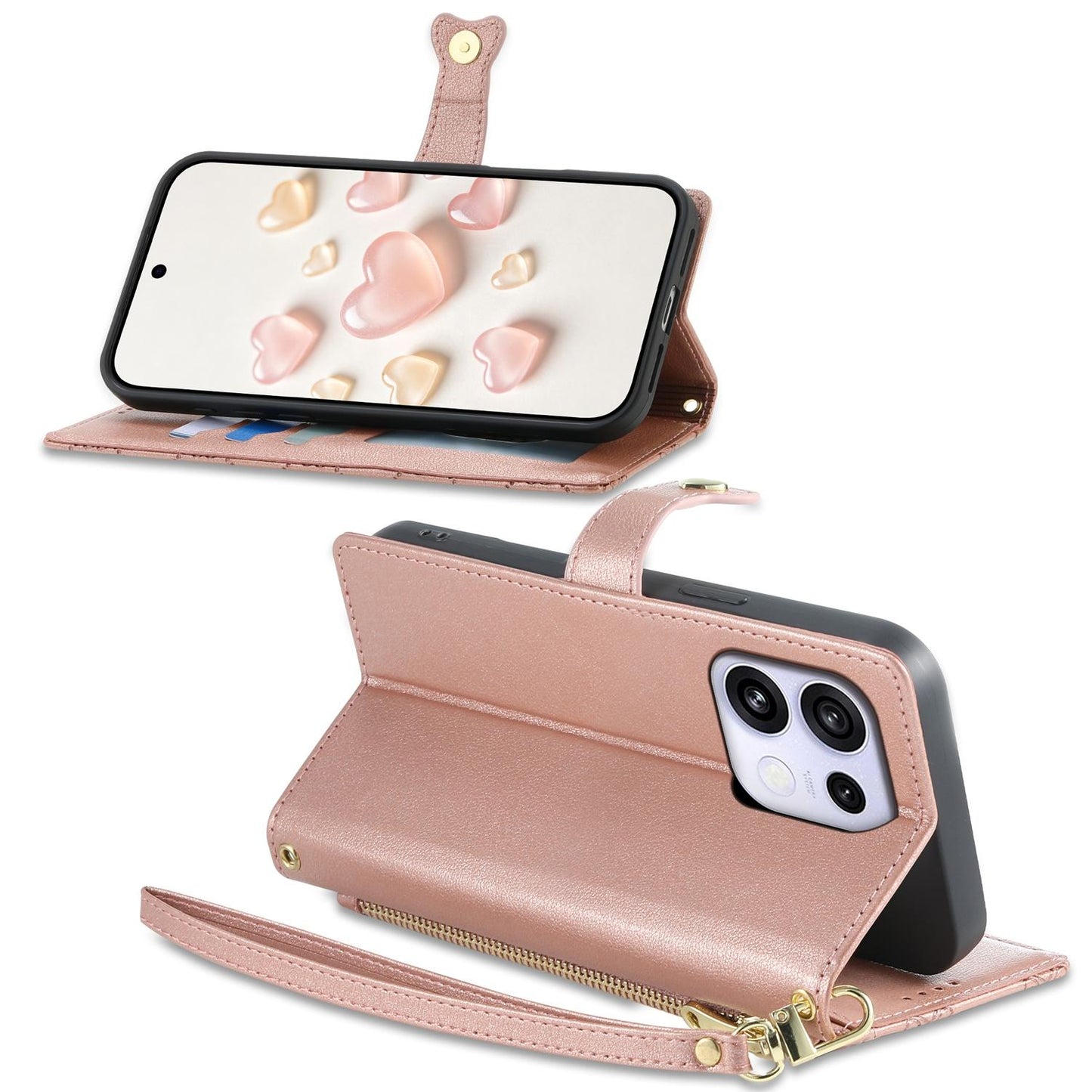 For OPPO Reno16 F 5G / Reno16 FS 5G Zipper Wallet Heart Buckle Vegan Leather Phone Case with Wrist Strap(Pink)