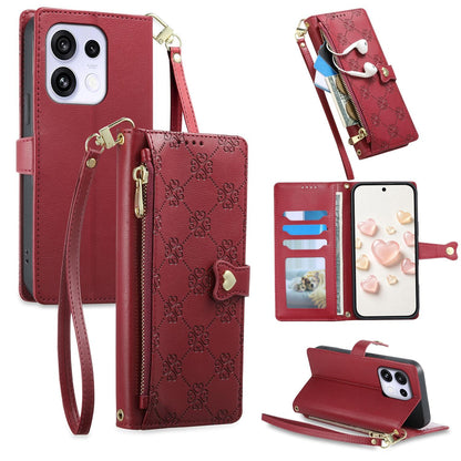 For OPPO Reno16 F 5G / Reno16 FS 5G Zipper Wallet Heart Buckle Vegan Leather Phone Case with Wrist Strap(Red)