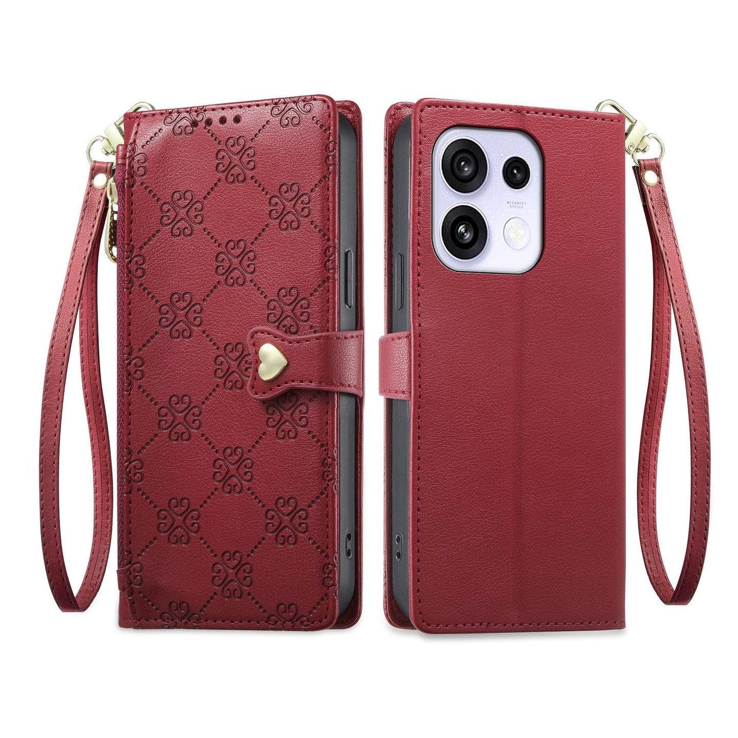 For OPPO Reno16 F 5G / Reno16 FS 5G Zipper Wallet Heart Buckle Vegan Leather Phone Case with Wrist Strap(Red)