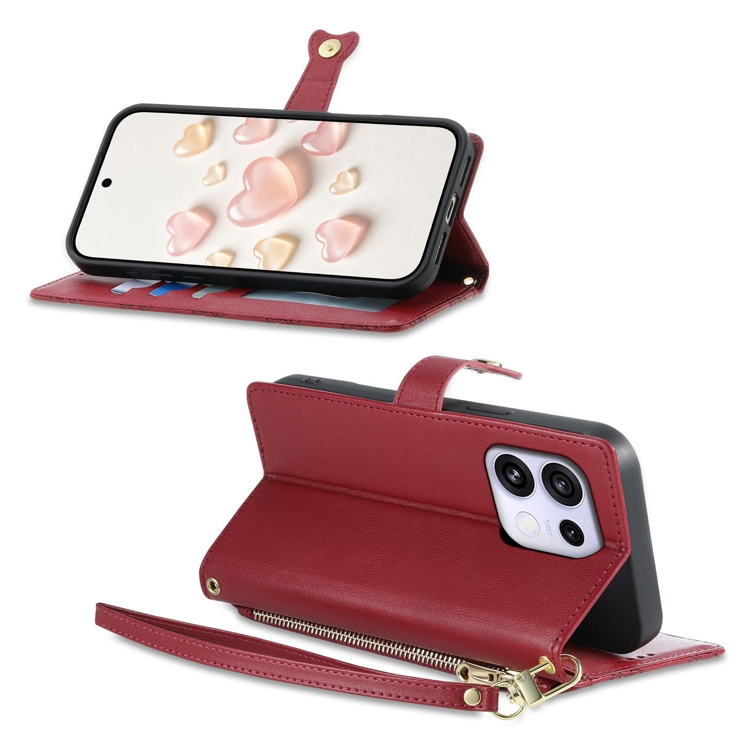 For OPPO Reno16 F 5G / Reno16 FS 5G Zipper Wallet Heart Buckle Vegan Leather Phone Case with Wrist Strap(Red)