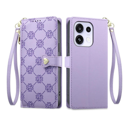 For OPPO Reno16 F 5G / Reno16 FS 5G Zipper Wallet Heart Buckle Vegan Leather Phone Case with Wrist Strap(Purple)