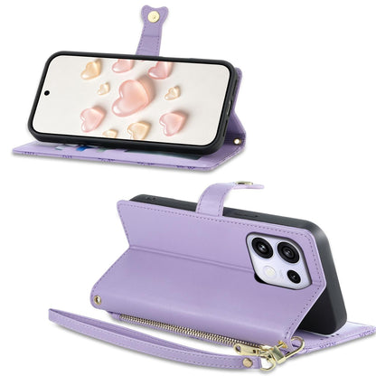 For OPPO Reno16 F 5G / Reno16 FS 5G Zipper Wallet Heart Buckle Vegan Leather Phone Case with Wrist Strap(Purple)