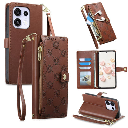 For OPPO Reno16 F 5G / Reno16 FS 5G Zipper Wallet Heart Buckle Vegan Leather Phone Case with Wrist Strap(Brown)