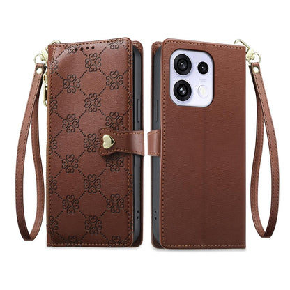 For OPPO Reno16 F 5G / Reno16 FS 5G Zipper Wallet Heart Buckle Vegan Leather Phone Case with Wrist Strap(Brown)