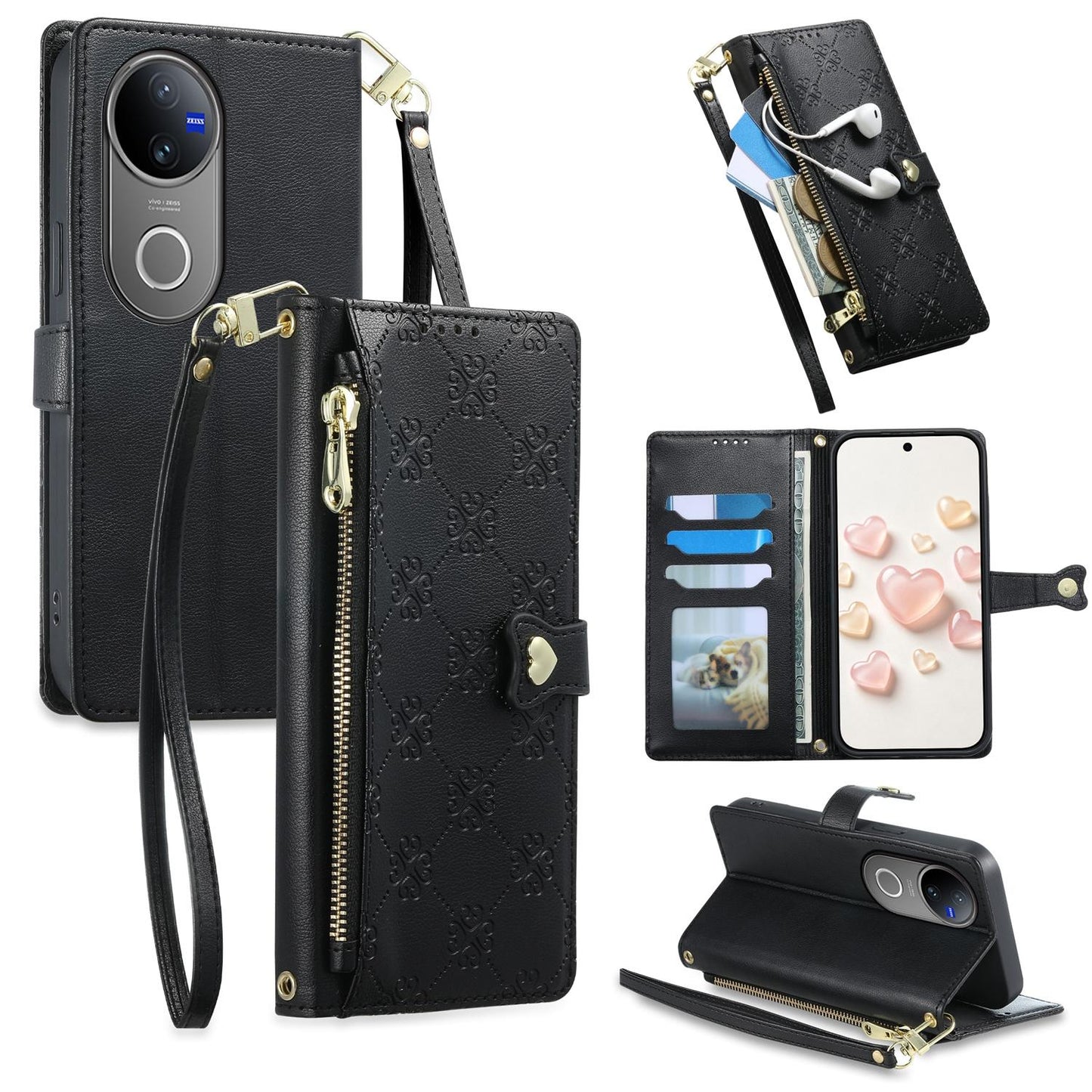 For vivo V50 / vivo V50e Zipper Wallet Heart Buckle Vegan Leather Phone Case with Wrist Strap(Black)