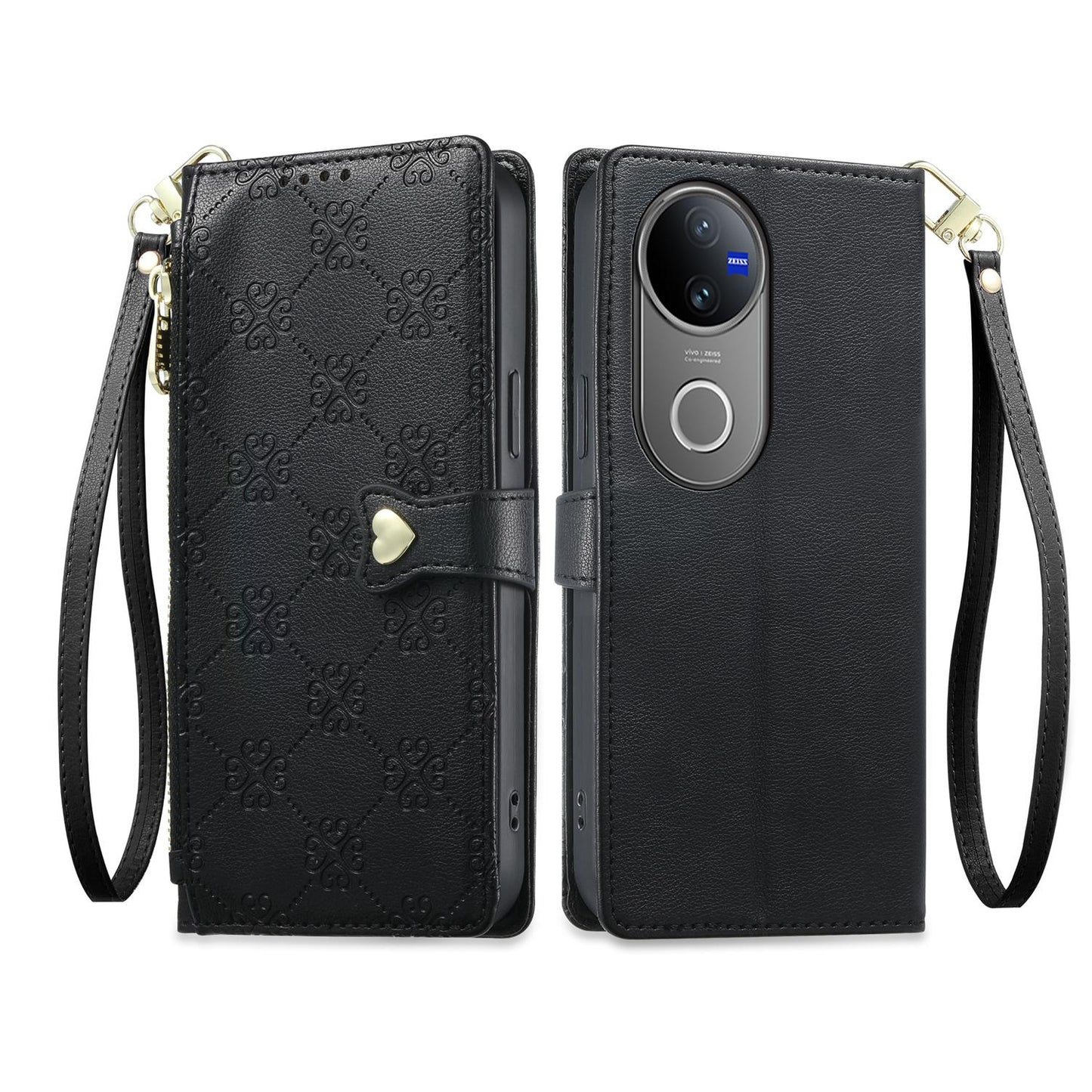 For vivo V50 / vivo V50e Zipper Wallet Heart Buckle Vegan Leather Phone Case with Wrist Strap(Black)