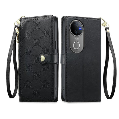 For vivo V50 / vivo V50e Zipper Wallet Heart Buckle Vegan Leather Phone Case with Wrist Strap(Black)