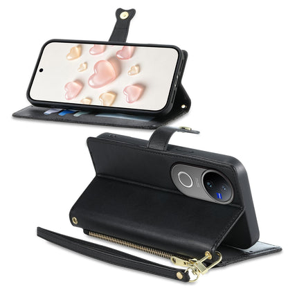 For vivo V50 / vivo V50e Zipper Wallet Heart Buckle Vegan Leather Phone Case with Wrist Strap(Black)