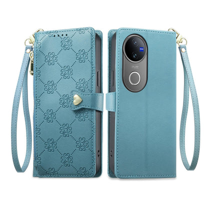 For vivo V50 / vivo V50e Zipper Wallet Heart Buckle Vegan Leather Phone Case with Wrist Strap(Lake Blue)