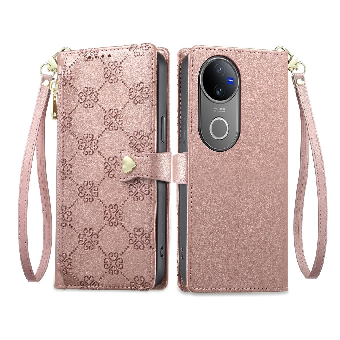 For vivo V50 / vivo V50e Zipper Wallet Heart Buckle Vegan Leather Phone Case with Wrist Strap(Pink)