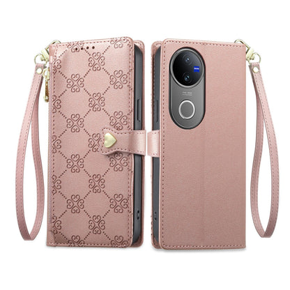 For vivo V50 / vivo V50e Zipper Wallet Heart Buckle Vegan Leather Phone Case with Wrist Strap(Pink)