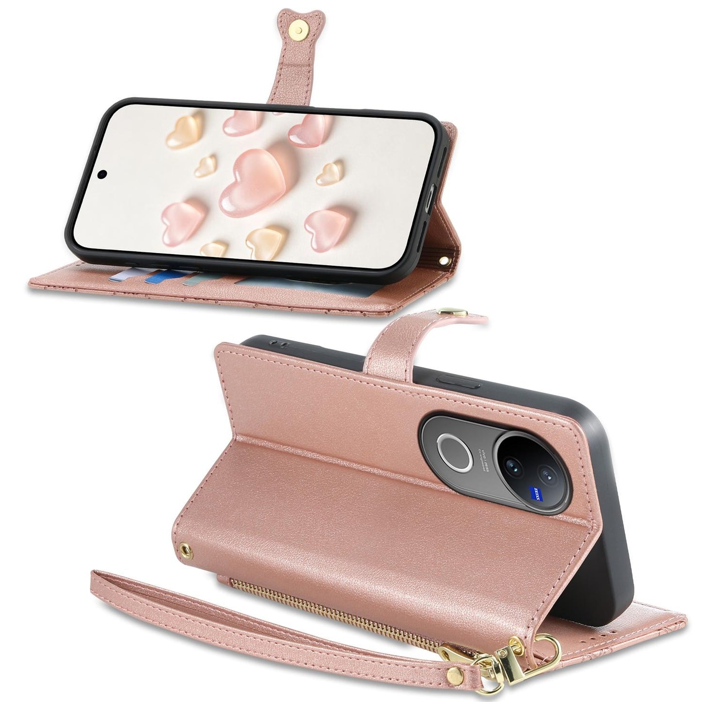 For vivo V50 / vivo V50e Zipper Wallet Heart Buckle Vegan Leather Phone Case with Wrist Strap(Pink)