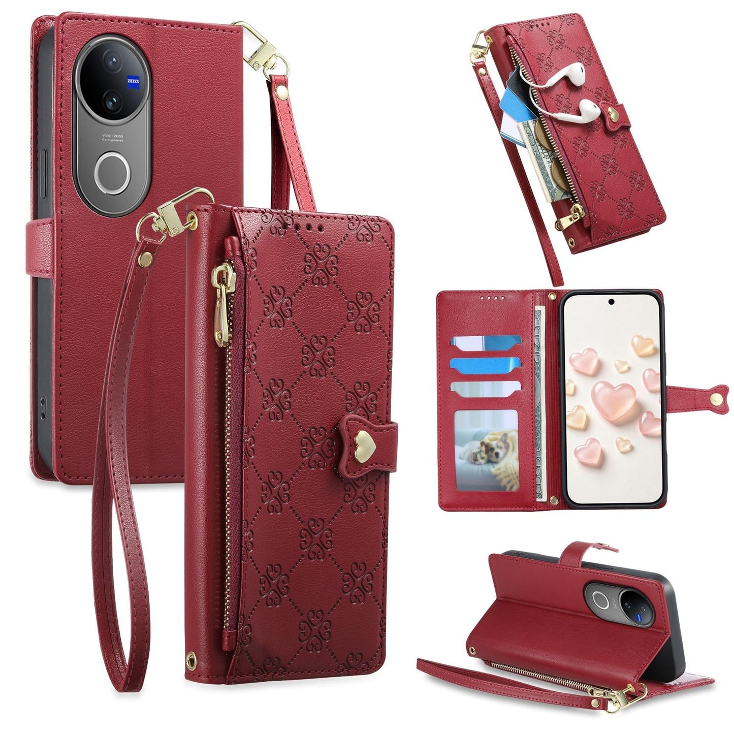 For vivo V50 / vivo V50e Zipper Wallet Heart Buckle Vegan Leather Phone Case with Wrist Strap(Red)