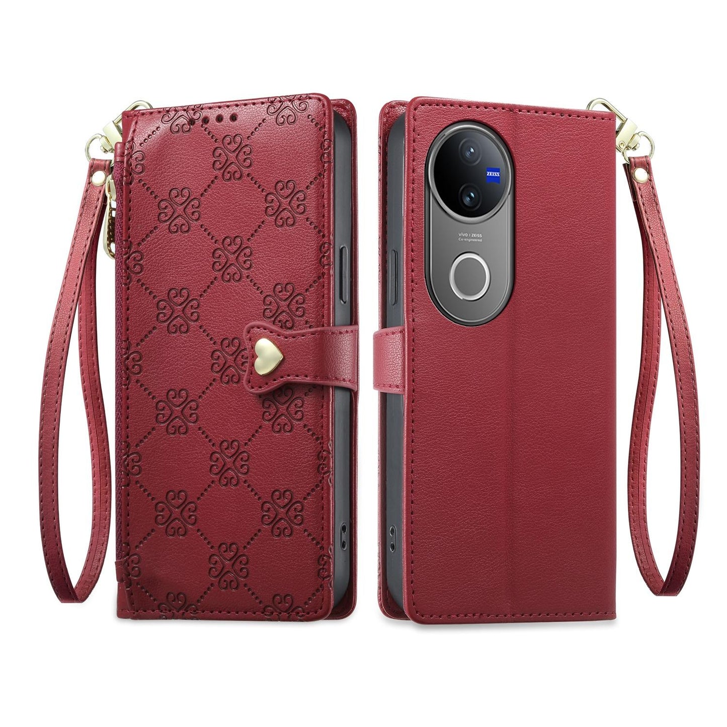 For vivo V50 / vivo V50e Zipper Wallet Heart Buckle Vegan Leather Phone Case with Wrist Strap(Red)