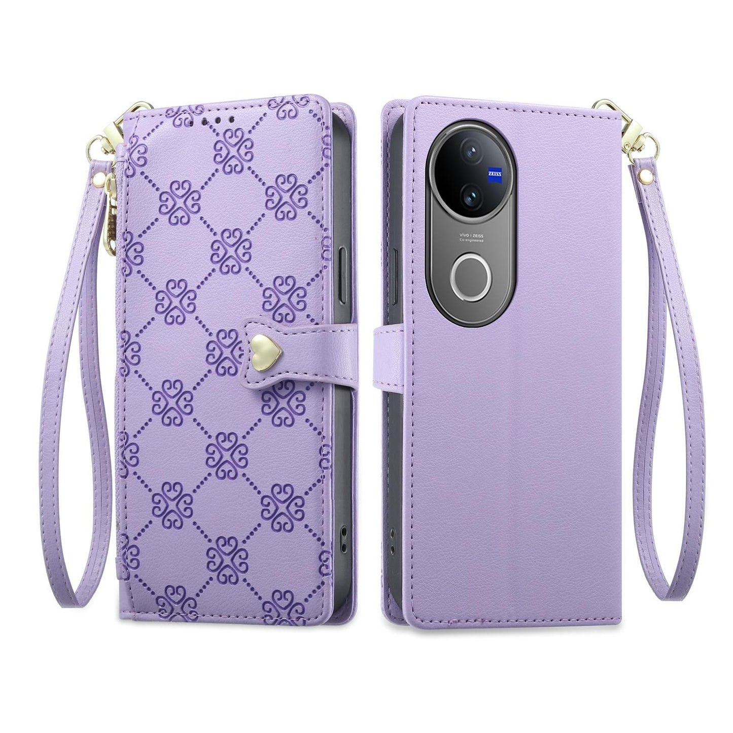 For vivo V50 / vivo V50e Zipper Wallet Heart Buckle Vegan Leather Phone Case with Wrist Strap(Purple)