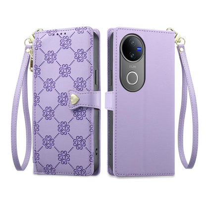 For vivo V50 / vivo V50e Zipper Wallet Heart Buckle Vegan Leather Phone Case with Wrist Strap(Purple)