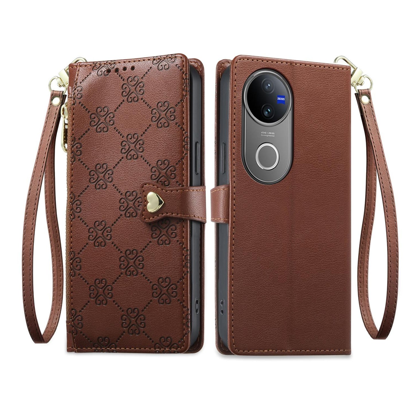 For vivo V50 / vivo V50e Zipper Wallet Heart Buckle Vegan Leather Phone Case with Wrist Strap(Brown)
