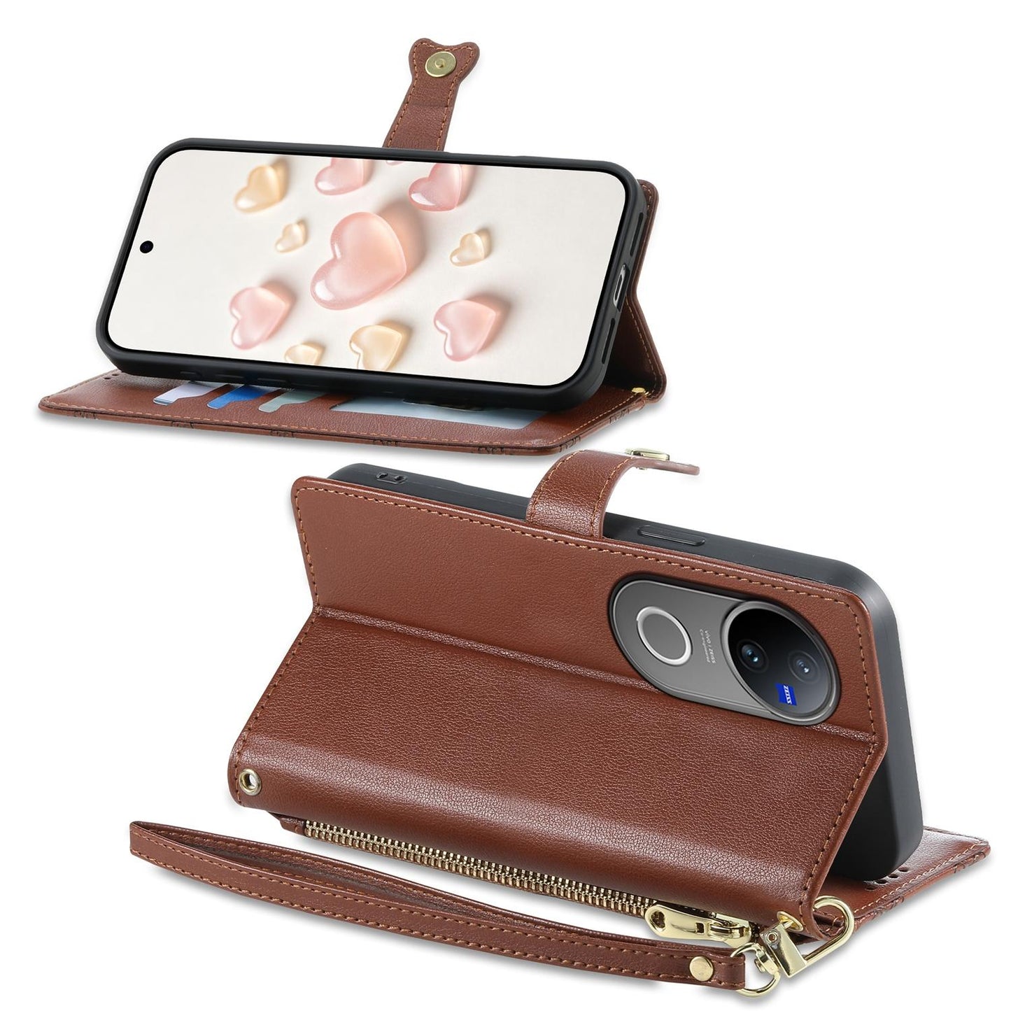 For vivo V50 / vivo V50e Zipper Wallet Heart Buckle Vegan Leather Phone Case with Wrist Strap(Brown)