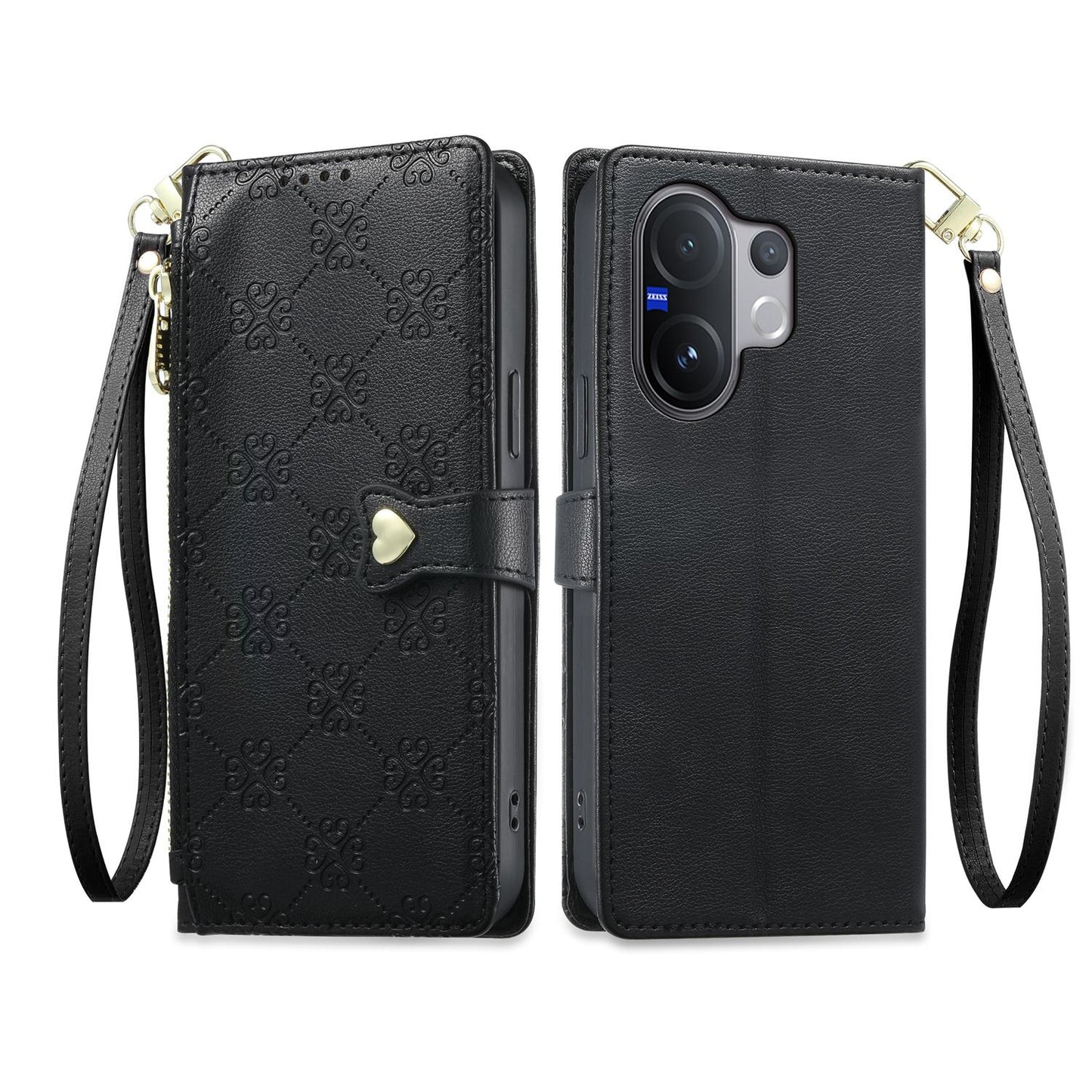 For vivo V60 5G / vivo V60e 5G Zipper Wallet Heart Buckle Vegan Leather Phone Case with Wrist Strap(Black)