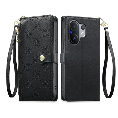 For vivo V60 5G / vivo V60e 5G Zipper Wallet Heart Buckle Vegan Leather Phone Case with Wrist Strap(Black)