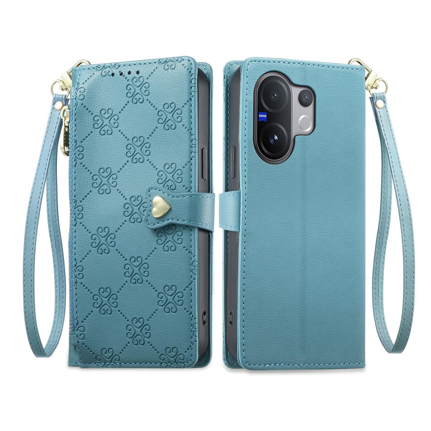 For vivo V60 5G / vivo V60e 5G Zipper Wallet Heart Buckle Vegan Leather Phone Case with Wrist Strap(Lake Blue)