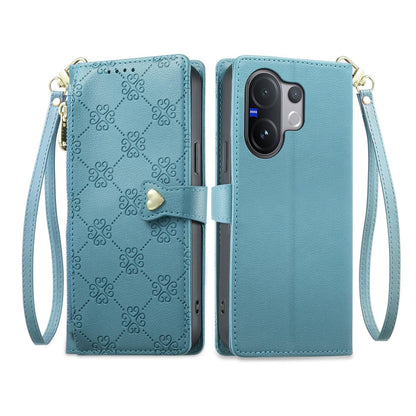 For vivo V60 5G / vivo V60e 5G Zipper Wallet Heart Buckle Vegan Leather Phone Case with Wrist Strap(Lake Blue)