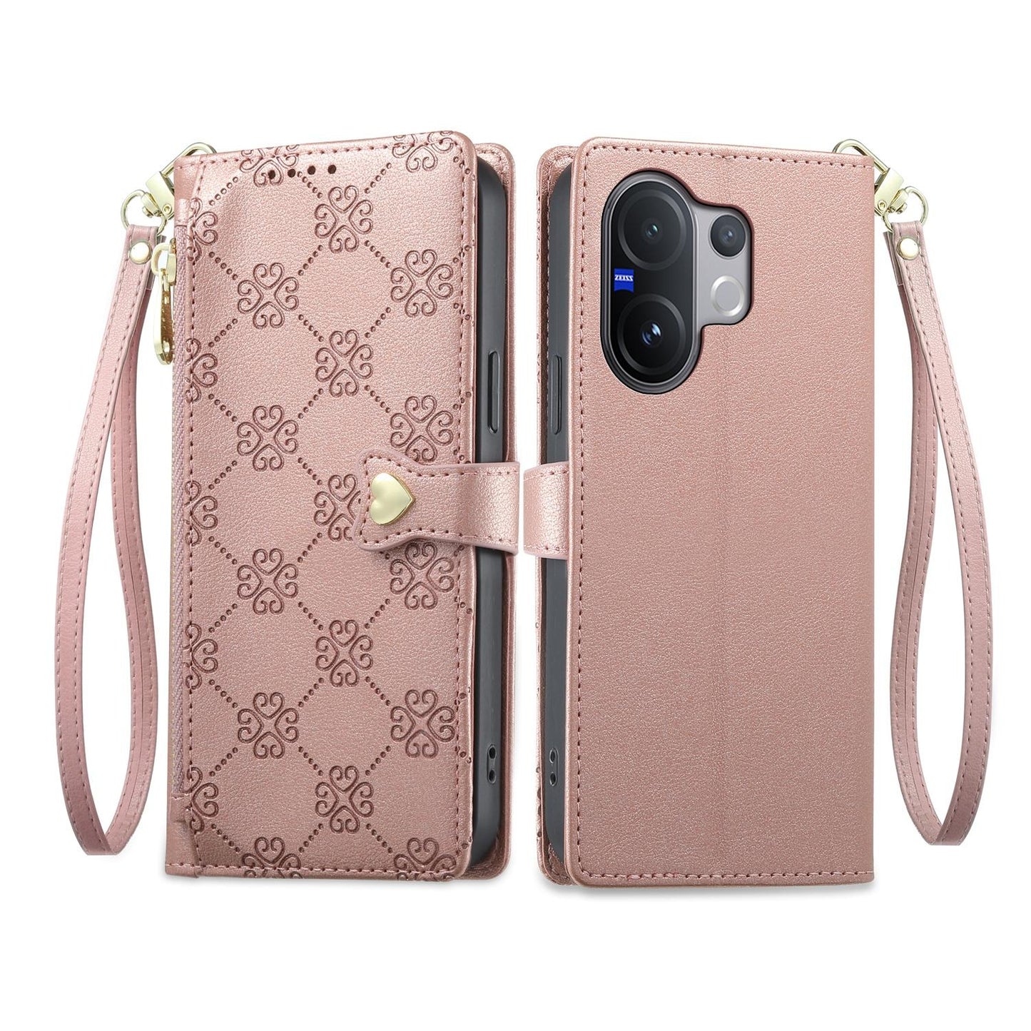 For vivo V60 5G / vivo V60e 5G Zipper Wallet Heart Buckle Vegan Leather Phone Case with Wrist Strap(Pink)