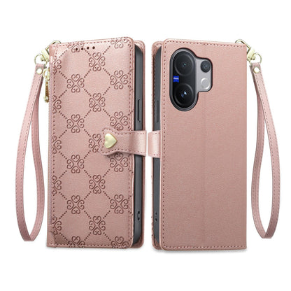 For vivo V60 5G / vivo V60e 5G Zipper Wallet Heart Buckle Vegan Leather Phone Case with Wrist Strap(Pink)
